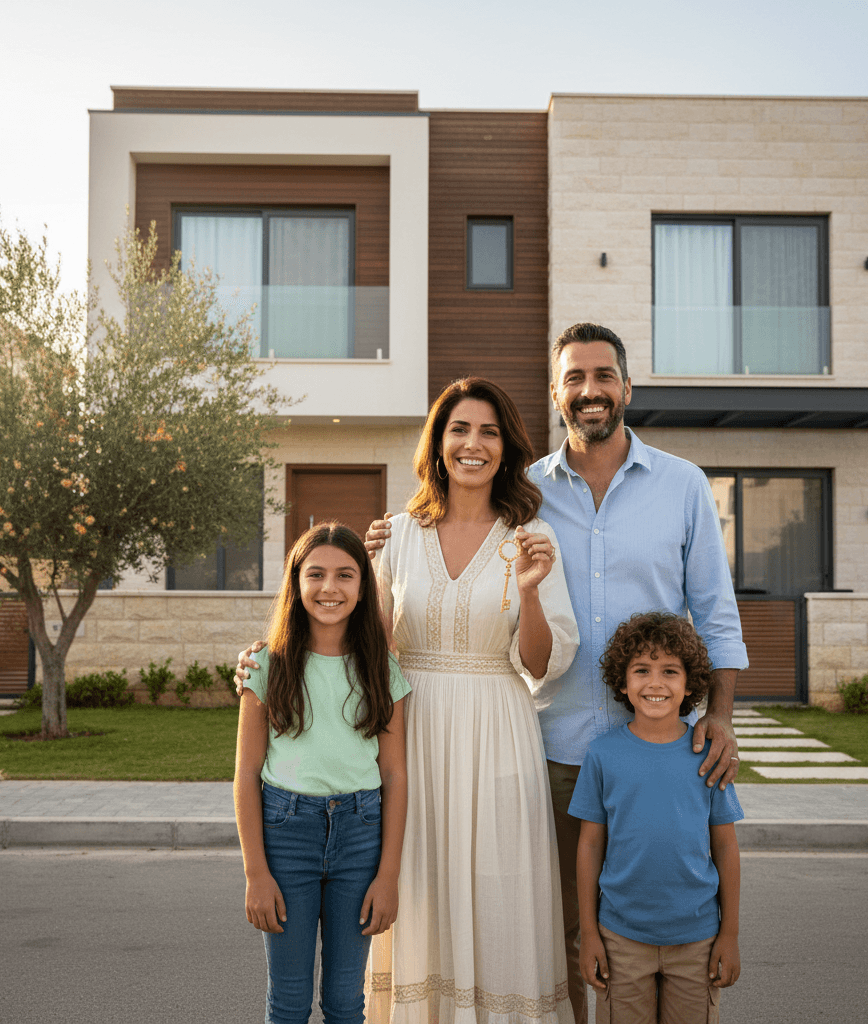 משפחה מאושרת מול הבית שלה - הלוואה כנגד נכס